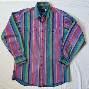 Vintage 90s RARE Wrangler Brushpopper X Long Tails Western Striped Button Up
